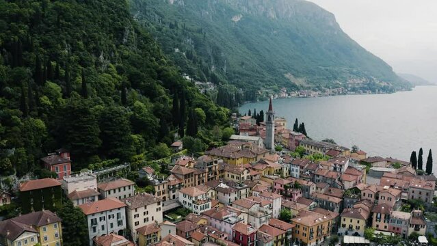 Drone shot of Varenna, Italy on the shore of Lake Como.