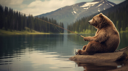 A relaxed bear with a fishing rod by a tranquil lake. Generative AI - obrazy, fototapety, plakaty