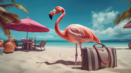 Flamingo with a beach bag sunbathing on a beach. Generative AI