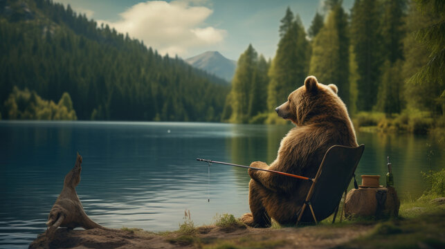 A relaxed bear with a fishing rod by a tranquil lake. Generative AI