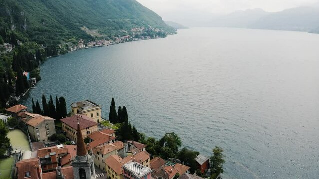 Aerial view of Varenna, Italy sitting high over the shore of Lake Como.