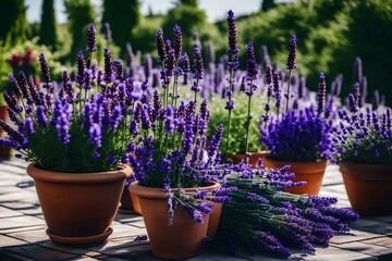 Beautiful pots with blooming purple lavender generated by AI tool