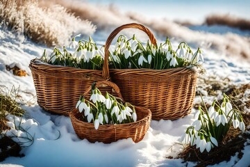 Fototapeta na wymiar spring flowers in the basket with snow drops and sunshine generated by AI tool