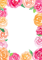 Fototapeta na wymiar Watercolor floral illustration. Pink, Red and Oranges Roses. Border, wreath, frame. Perfect wedding stationary, greeting cards, fashion, background