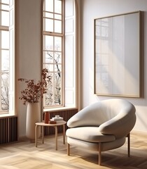 Frame mockup in a contemporary minimalist room interior with a soothing beige color scheme - 3D render. Made with Generative AI technology