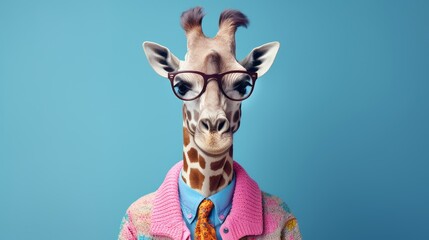 Naklejki  Fashionable giraffe character wearing a shirt, sweater, tie and sunglasses. Minimal concept. Blue background, pastel colors