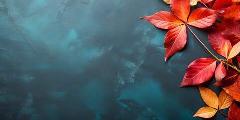 Autumn background with colored red leaves on blue slate background. Top view, copy space, AI Generated