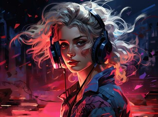 Fototapeta premium 80s retro style female DJ in headphones. Generative AI