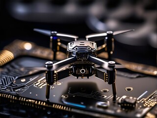 close up of a drone over computer circuit board