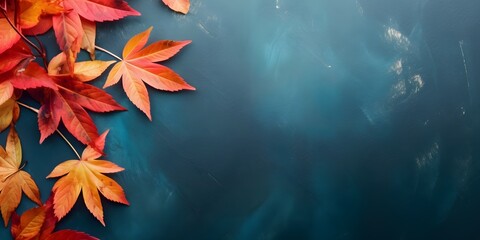 Autumn background with colored red leaves on blue slate background. Top view, copy space, AI...
