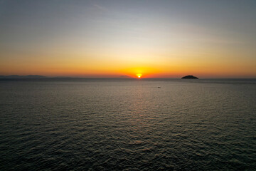 Aerial Sunset ocean golden time view in Labuan Bajo
