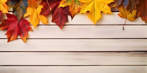 Naklejka na ściany i meble Autumn background with colorful leaves on wooden background, AI Generated