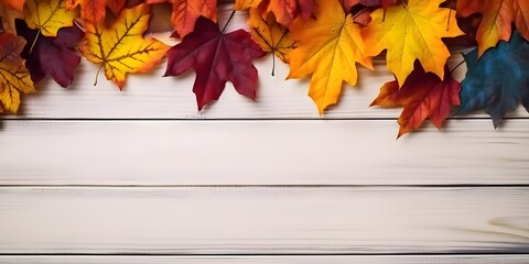 Naklejka na ściany i meble Autumn background with colorful leaves on wooden background, AI Generated