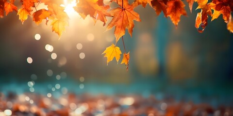 Autumn colorful bright leaves swinging in a tree in autumnal park. Autumn colorful background, fall...