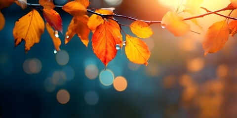 Autumn colorful bright leaves swinging in a tree in autumnal park. Autumn colorful background, fall backdrop, AI generative - obrazy, fototapety, plakaty