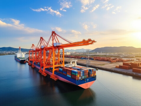 Aerial side view of cargo ship carrying container and running for export goods from cargo yard port to custom ocean concept technology transportation , customs clearance