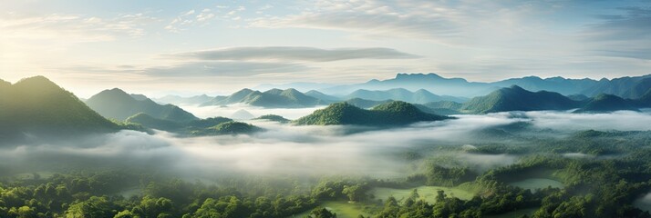 Panoramic jungle landscape with mountains and mist. Rainforest aerial view. Beautiful fog in the morning.