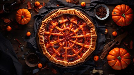 Fototapeta na wymiar Homemade pumpkin pie, a sweet autumn treat. Captivating overhead view.