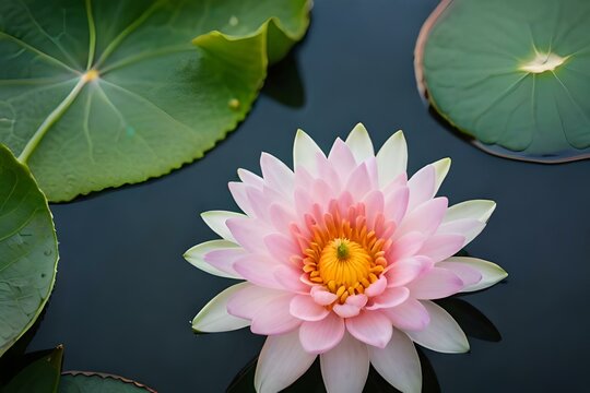 Macro photo shot of a lotus flower blooming over a black lake, hyper-realistic, top view, pop color, beautiful lotus flower on the water after rain in garden.