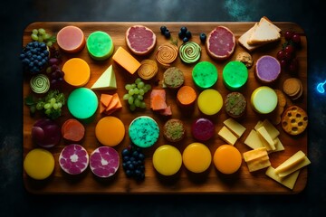 Fototapeta na wymiar charcuterie board with multicolored alien cheeses, with glowing mold and fungus. generated by AI tools