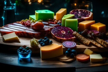 Obraz na płótnie Canvas charcuterie board with multicolored alien cheeses, with glowing mold and fungus. generated by AI tools
