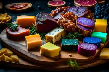 charcuterie board with multicolored alien cheeses, with glowing mold and fungus. generated by AI tools