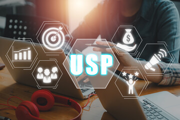 USP, Unique Selling Proposition concept, Business team working on laptop computer in office with...
