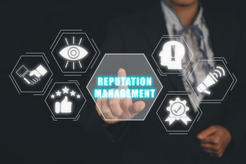 Reputation management concept, Businesswoman hand touching reputation management icon on virtual...
