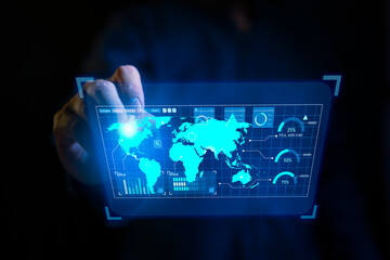 Data analyst male hand pointing touch screen with digital holographic futuristic world map, futuristic concept.