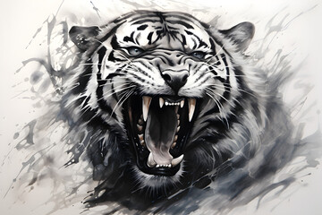Tiger roaring ink illustration