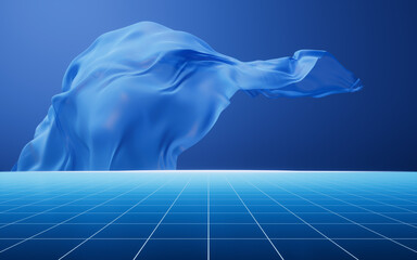 Flowing blue cloth and grid floor background, 3d rendering.