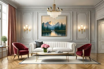 Elegant modern classic luxury living room with brown and white velvet sofa, armchair, marble coffee table, rose in gold vase, plant,floor lamp,wood cabinet,wall moulding decorated and stool 3d render