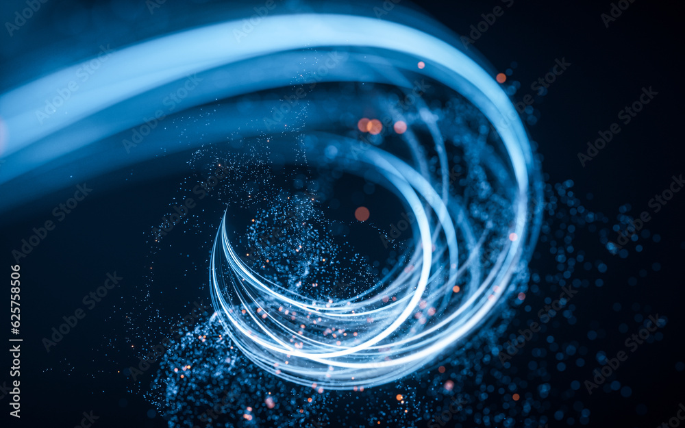 Poster flowing curve and particles background, 3d rendering.