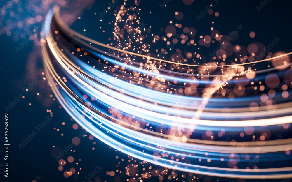 Poster flowing curve and particles background, 3d rendering.