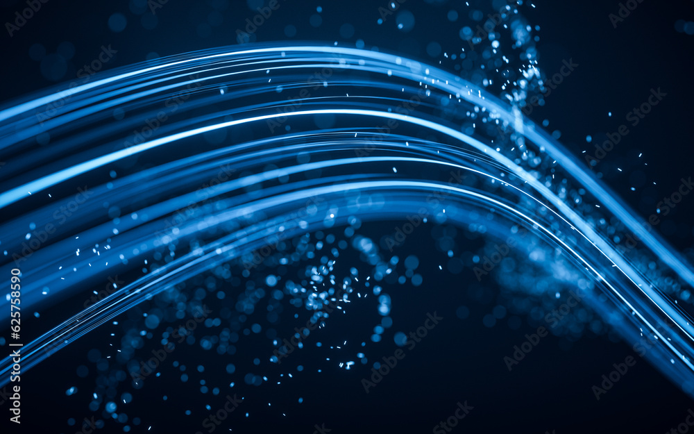 Poster flowing curve and particles background, 3d rendering.