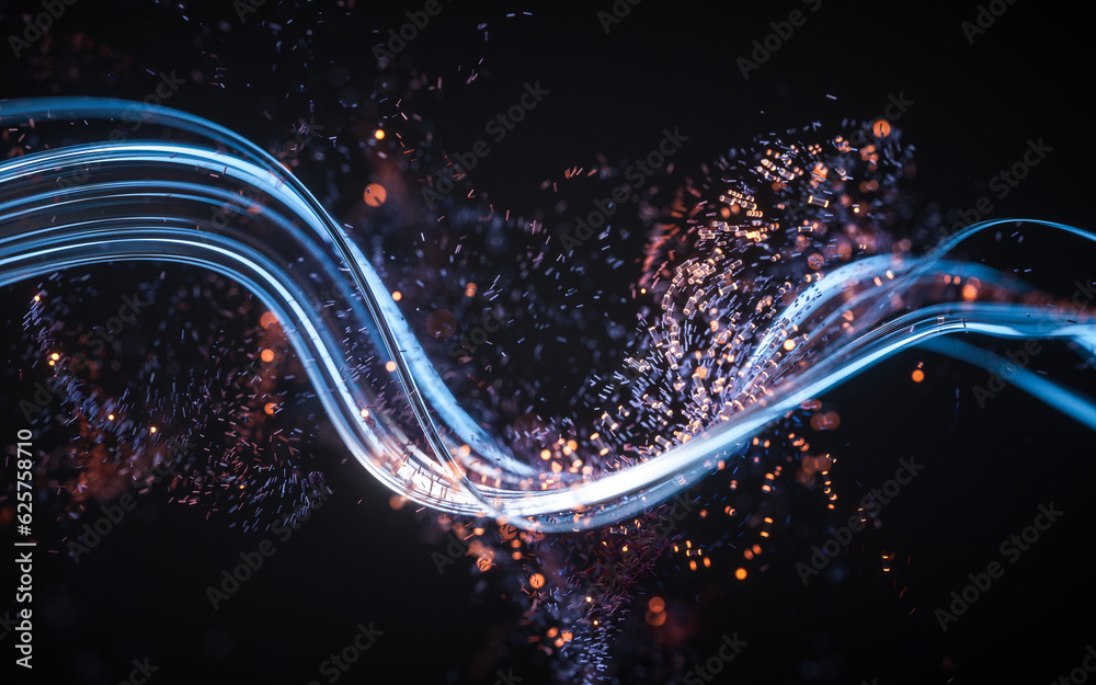 Poster flowing curve and particles background, 3d rendering.