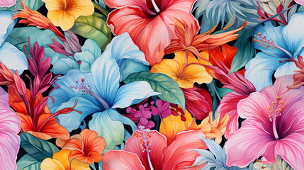 watercolor seamless pattern with exotic tropical flowers
