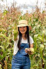 mujer sonrriendo en un día soleado mostrando en primer plano un choclo o maiz tierno, mujer con sombreo de paja estilo campesino  - obrazy, fototapety, plakaty