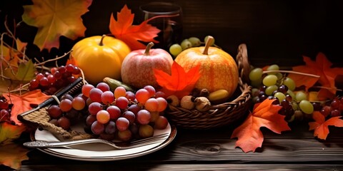 Obraz na płótnie Canvas autumn fruit with plate and cutlery, AI generative