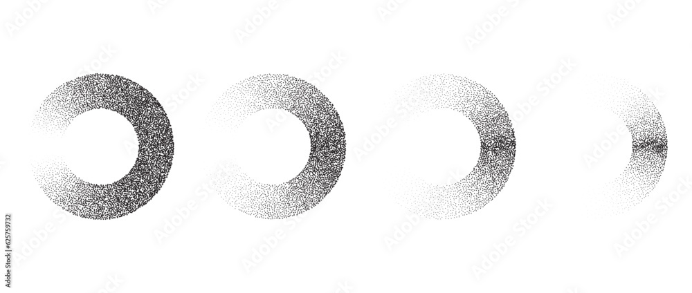 Poster Set of textured gradient rings. Black dotted circles collections. Stippled round elements pack. Fading noise grain dotwork shapes. Halftone effect illustration bundle. Vector