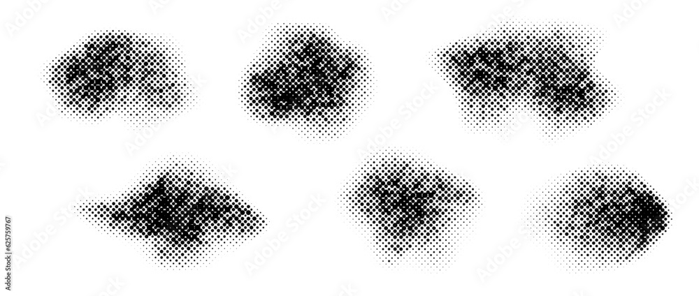 Poster abstract halftone texture stains. grunge noise grain shapes set. black comic spray splashes and spot