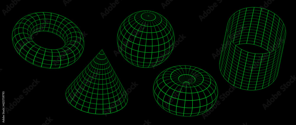 Aufkleber green neon wireframe shapes collection. 3d outline sphere, cylinder, cone and torus. geometric eleme