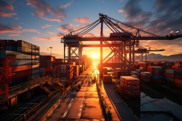 Business logistics and transportation concept of a container cargo ship and cargo with a working crane bridge in a shipyard and a sunset in the background. Generative AI