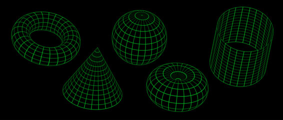 Fototapeta premium Green neon wireframe shapes collection. 3d outline sphere, cylinder, cone and torus. Geometric elements for design templates, icons, logo. Abstract lattice objects with connected lines. Vector pack