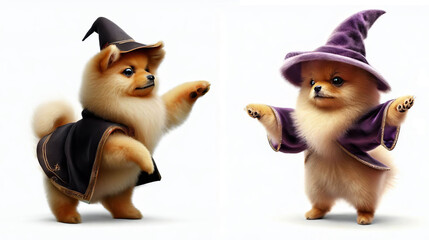 Obraz premium A Pomeranian puppy Wizard illustration set of 2 poses isolated on white background
