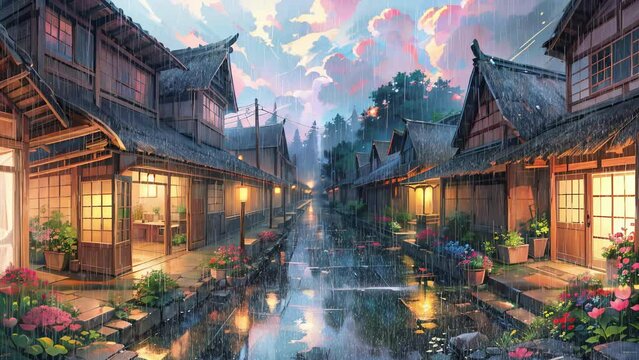 A street with traditional japanese houses and trees in the rain, a rain on a sidewalk, Anime background animation