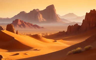 Fotobehang Donkerrood The desert mountain rises majestically, its rugged slopes adorned with various shades of warm ochre, burnt sienna, and deep amber. The early morning sun bathes the landscape in a soft golden glow ai
