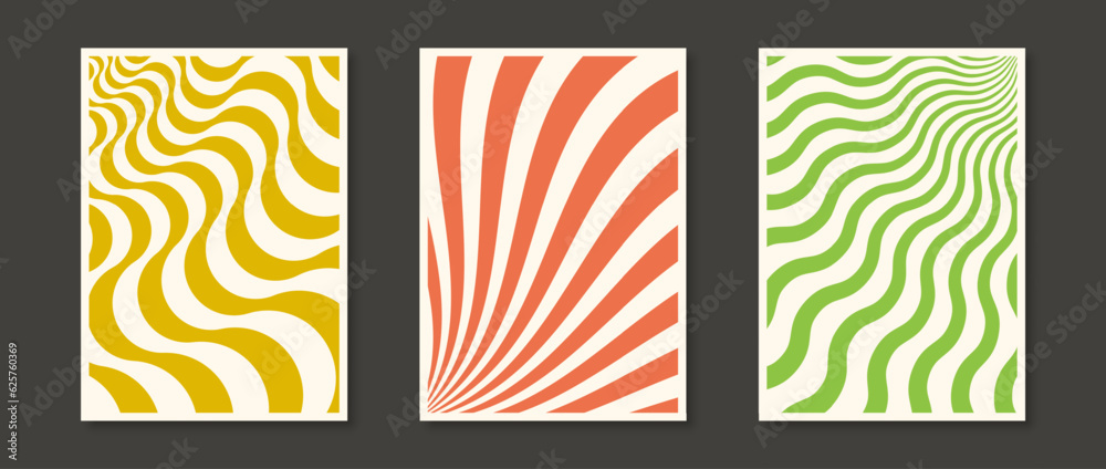 Poster Retro wave lines and sunbursts backgrounds set. Trippy wavy stripes and distorted curly textures collection. Psychedelic orange, green and yellow groovy distorted wallpapers. Vector banners or posters
