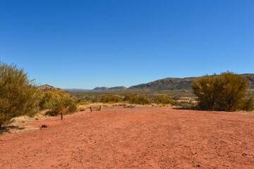 Panoramic view of Kata Tjuta / Mount Olga area and the Western Desert.