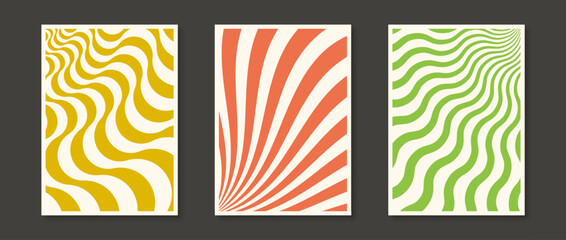 Retro wave lines and sunbursts backgrounds set. Trippy wavy stripes and distorted curly textures collection. Psychedelic orange, green and yellow groovy distorted wallpapers. Vector banners or posters